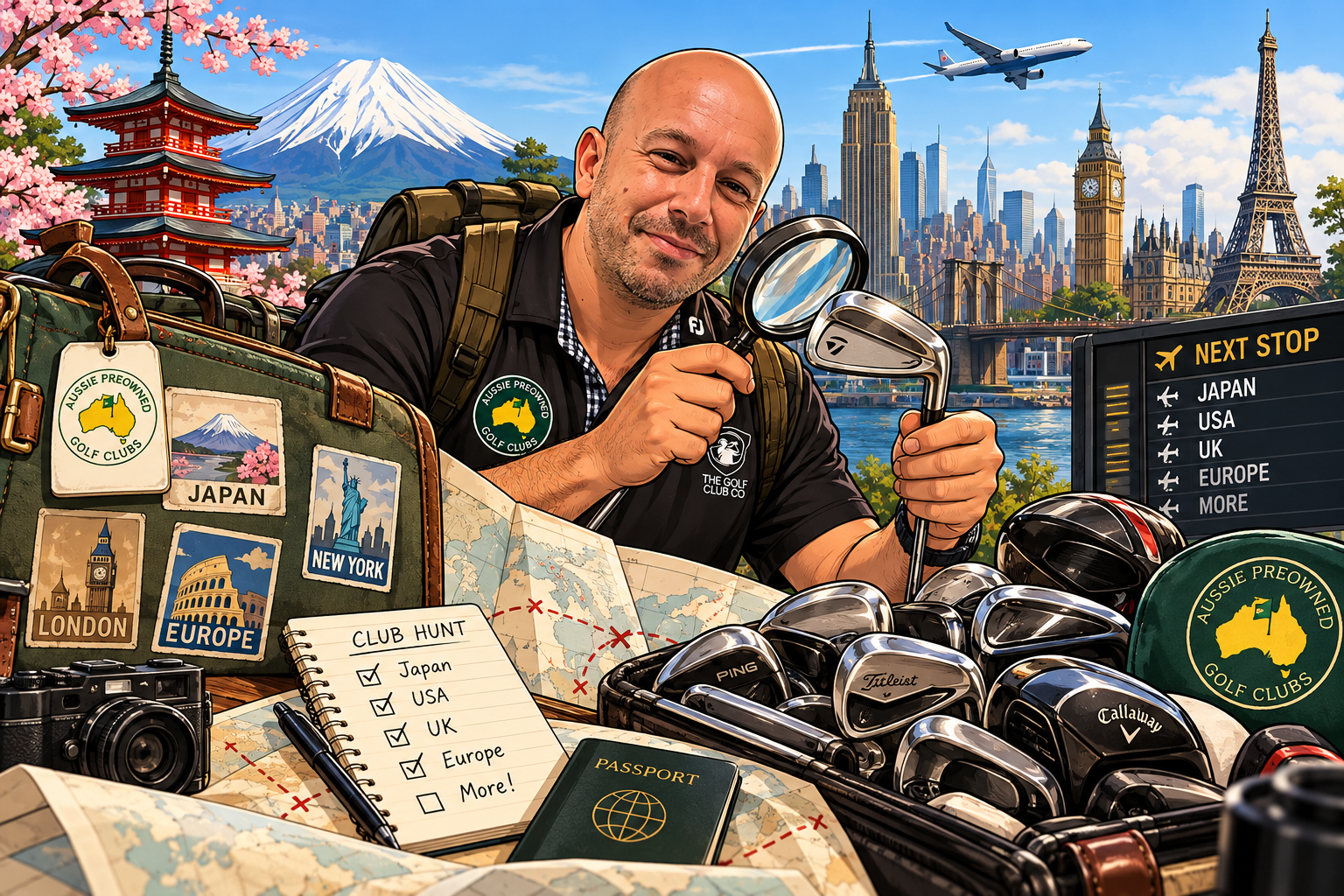 Aussie Preowned Club Hunt: our club hunter inspecting a golf iron, with Mount Fuji, New York, London and Paris landmarks